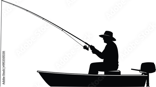 Fisherman in boat silhouette, fishing rod angler on lake, outdoor hobby activity, peaceful fishing scene vector illustration