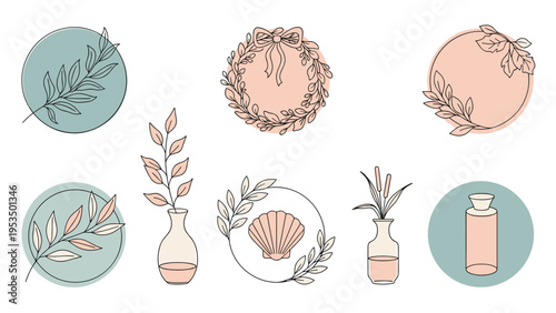 Set of elegant botanical icons with leaf branches vases a wreath and a seashell in soft pastel and teal tones.