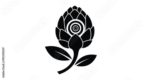 Solid black silhouette of an artichoke or flower bud with two leaves on a white background for botanical design.