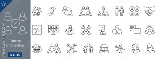 24 Human Interaction Icons Minimalist Line Art for Teamwork, Communication, and Collaboration