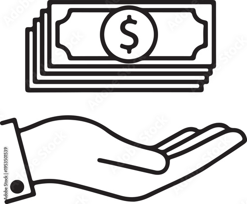 Simple outline icon of money loan with hand receiving cash. Perfect for finance, lending services,