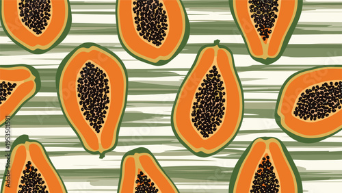 Tropical food pattern displays sliced ripe papaya halves with black seeds arranged over a green and white textured stripe backdrop.