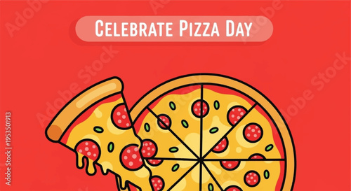 Celebrate pizza day with a delicious slice of pepperoni pizza on red background