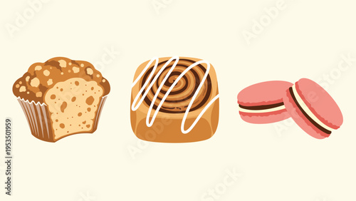 Trio of delicious baked goods includes a crumbly muffin, a cinnamon swirl roll with icing, and two pink cream-filled macarons.