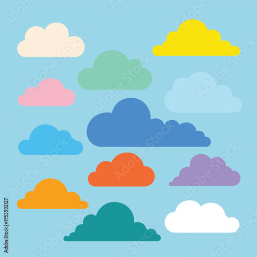 A cheerful sky with a collection of colorful, cartoon-style clouds