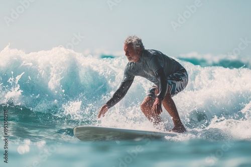 Mature surfer surfing ocean wave