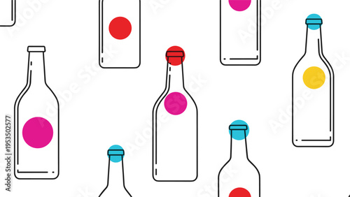 Seamless pattern features outlines of glass bottles with colorful red, blue, pink, and yellow dots positioned on their labels and caps.