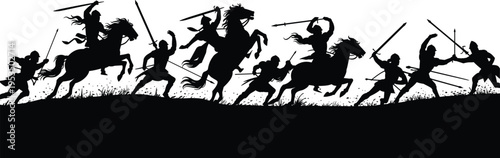 Medieval warriors silhouettes in intense battle with swords and horses, dynamic combat scene, black vector illustration for war, history, conflict and action concept