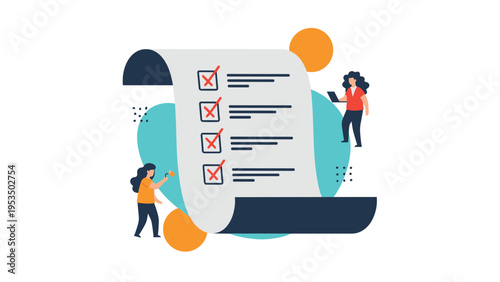 Professionals marking completed tasks on a giant checklist representing project management and successful goal achievement.