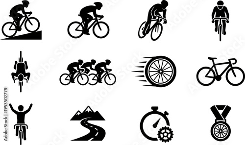 Collection of cycling icons and symbols representing various riding activities and achievements