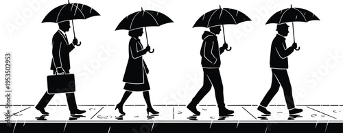 People walking with umbrellas in rain silhouettes, urban street scene, rainy weather concept, daily commute, city lifestyle, wet pavement reflections, monochrome illustration design