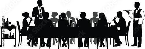 Restaurant dinner silhouettes with people enjoying meal and waiter serving drinks, social gathering scene, black vector illustration for hospitality, dining and lifestyle concept