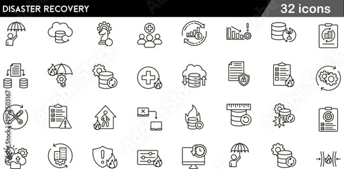 32 Disaster Recovery Icons Minimalist Line Art for Business Continuity and Data Protection