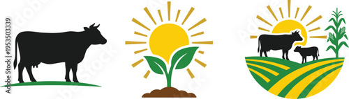 Agriculture farming icons with cow, crop growth and sunrise landscape, vector illustration for livestock, organic farming, rural life and sustainable agriculture concept