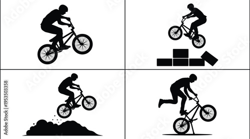 BMX rider silhouettes performing tricks and jumps, extreme cycling action set, black vector illustration for sport, freestyle biking, stunt performance and urban activity concept