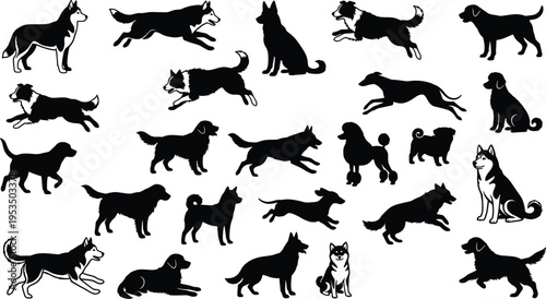 Collection of dog silhouettes in various poses, running jumping sitting standing, isolated vector style, black canine shapes set for design useCollection of dog silhouettes in various poses, running j