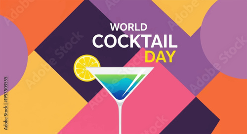 Vibrant cocktail glass with rainbow drink and lemon on world cocktail day celebration background
