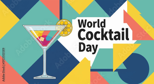 Vibrant world cocktail day graphic with colorful martini and geometric shapes background