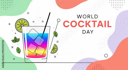 Vibrant cocktail glass with colorful drink lime wedges and straw on world cocktail day