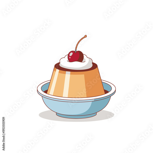 Delicious Caramel Pudding with Cherry and Whipped Cream in Bowl