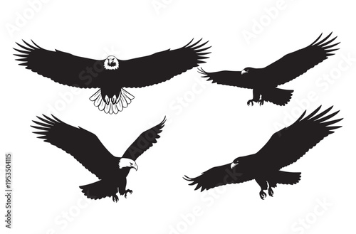 Eagle silhouette vector collection showing bald eagle in flight with spread wings and diving poses isolated on transparent background for patriotic american and wildlife designs.