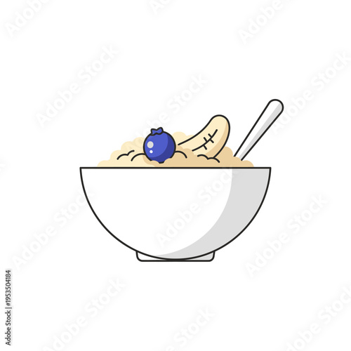 Healthy Oatmeal with Banana and Blueberry in White Bowl, Spoon, Flat Design