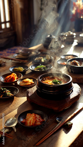 A vertical cinematic short-form video of a traditional Korean dining table, steaming hot doenjang jjigae in a black stone pot at the center, freshly served kimchi in a small dish beside it, various co