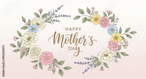 Happy mother's day floral wreath with pink yellow blue flowers and green leaves on white background