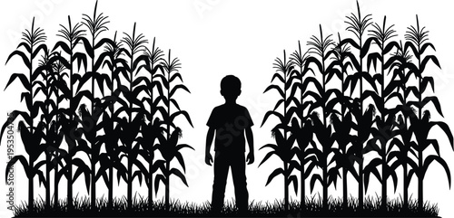 Child standing in corn field silhouette, maize agriculture farm landscape vector illustration isolated on white background rural farming concept