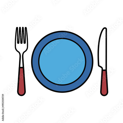 Simple illustration of a plate, fork, and knife for dining