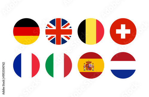 Clean flat design collection of circular national flags representing major European countries including Germany, United Kingdom, Belgium, Switzerland, France, Italy, Spain, and Netherlands.