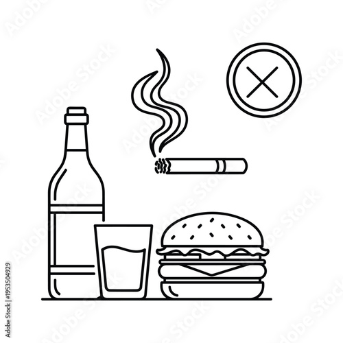 Unhealthy Lifestyle Icons: Alcohol, Smoking, Junk Food & No-Go Symbol