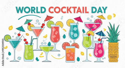 Colorful cocktails with umbrellas and flags on world cocktail day with pineapple and confetti