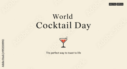 Cocktail glass with red drink on world cocktail day celebration background with text