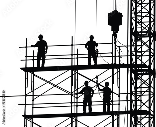 Construction workers on scaffolding silhouette, builders working on building site with crane industrial vector illustration isolated on white