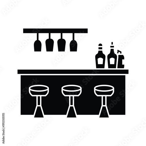 Bar Counter with Stools, Glasses, and Bottles Icon