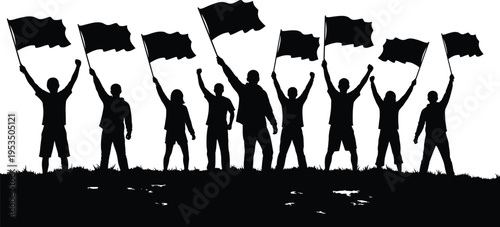 protest, people, silhouettes, crowd, flags, demonstration, rally, activism, protester, freedom, movement, group, black, vector, illustration, isolated, social, political, rights, set