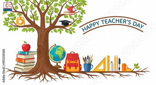 Teacher's day illustration with tree books globe and school supplies on roots symbolizing education and learning