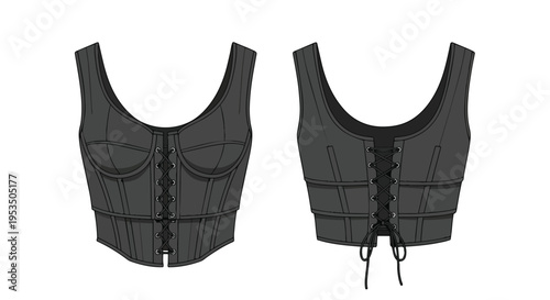 Sleek dark grey corset-style sleeveless top fashion flat technical drawing with intricate lacing detail on both front and back panels, perfect for