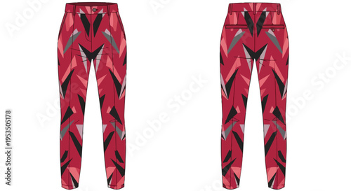 Dynamic red abstract graphic trousers design with bold geometric shapes front and back