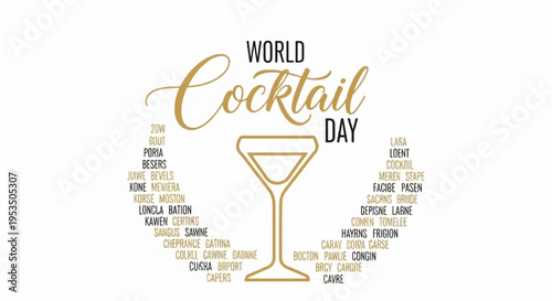 Cocktail day celebration with martini glass and word cloud on white background