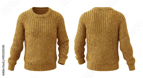 Front and back views of a classic ribbed knit mustard-colored sweater ready for fashion display and product mockups