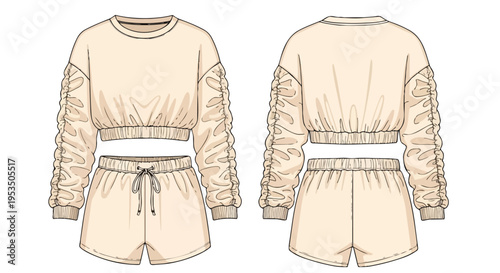 Fashion flat sketch illustration depicting a women's contemporary beige cropped loungewear set, complete with stylish ruched sleeves and comfy