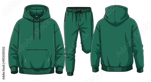 Contemporary unisex green oversized hoodie and comfortable sweatpants set for casual wear. Fashionable street style athletic apparel mockup design