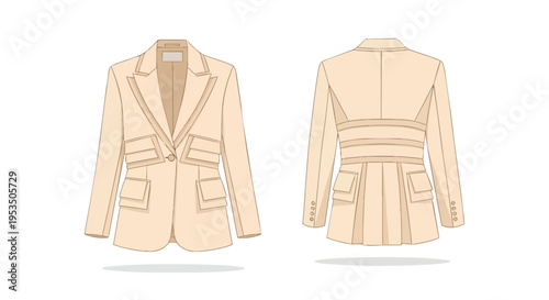 Elegant women's beige blazer technical flat drawing illustrating unique front flap pockets and a distinctive cinched back with pleats ideal for
