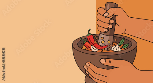 Close up hands grinding chili and garlic with wooden mortar and pestle to make traditional sambal sauce