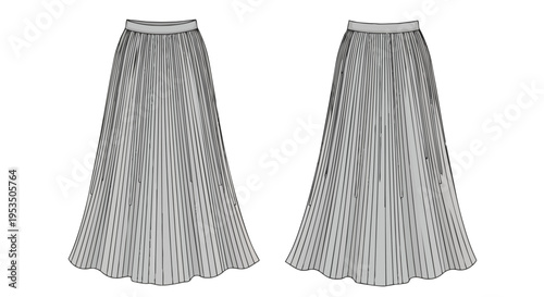 Technical fashion flat drawing showing front and back views of a full-length pleated maxi skirt ideal for design resources and apparel collections