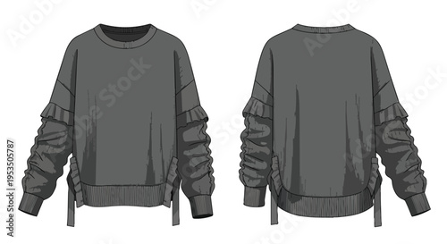 Stylish grey women's long sleeve top with fashion-forward ruffled sleeves, presenting a modern casual wear design in front and back views. Ideal for