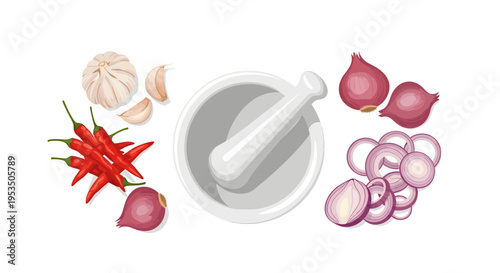 Mortar and Pestle with Chili Garlic and Shallots Ingredients Vector Illustration