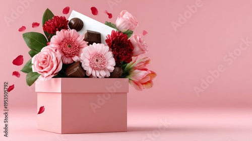 Pink box filled with roses, gerbera, chocolate, and falling petals. Soft romantic vibe with pastel tones. Perfect for Valentine's, gifts, or sweet occasions.